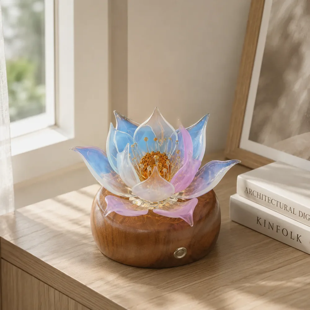Aurora Lotus balanced glass lotus light on a warm walnut wood base in a calm daytime interior