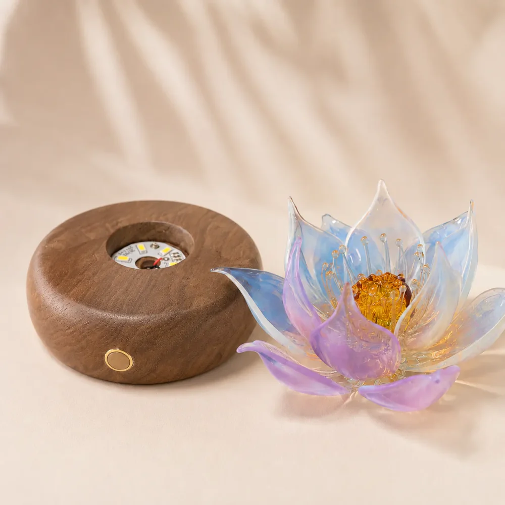 Aurora Lotus detachable balanced glass lotus light with rechargeable walnut wood base