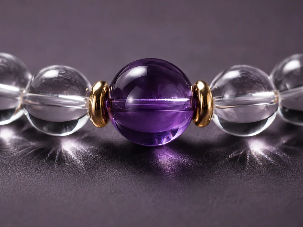 Water Flow bracelet macro detail with clear quartz beads, purple amethyst center bead, and gold-plated spacers