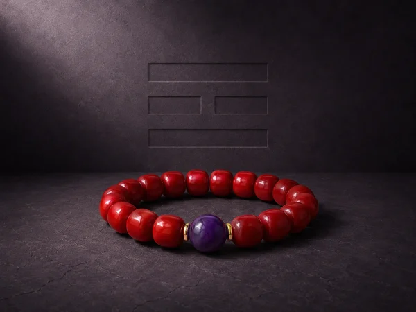 Fire Radiance bracelet with Nanhong agate beads, purple amethyst center bead, and gold-plated spacers on dark textured background