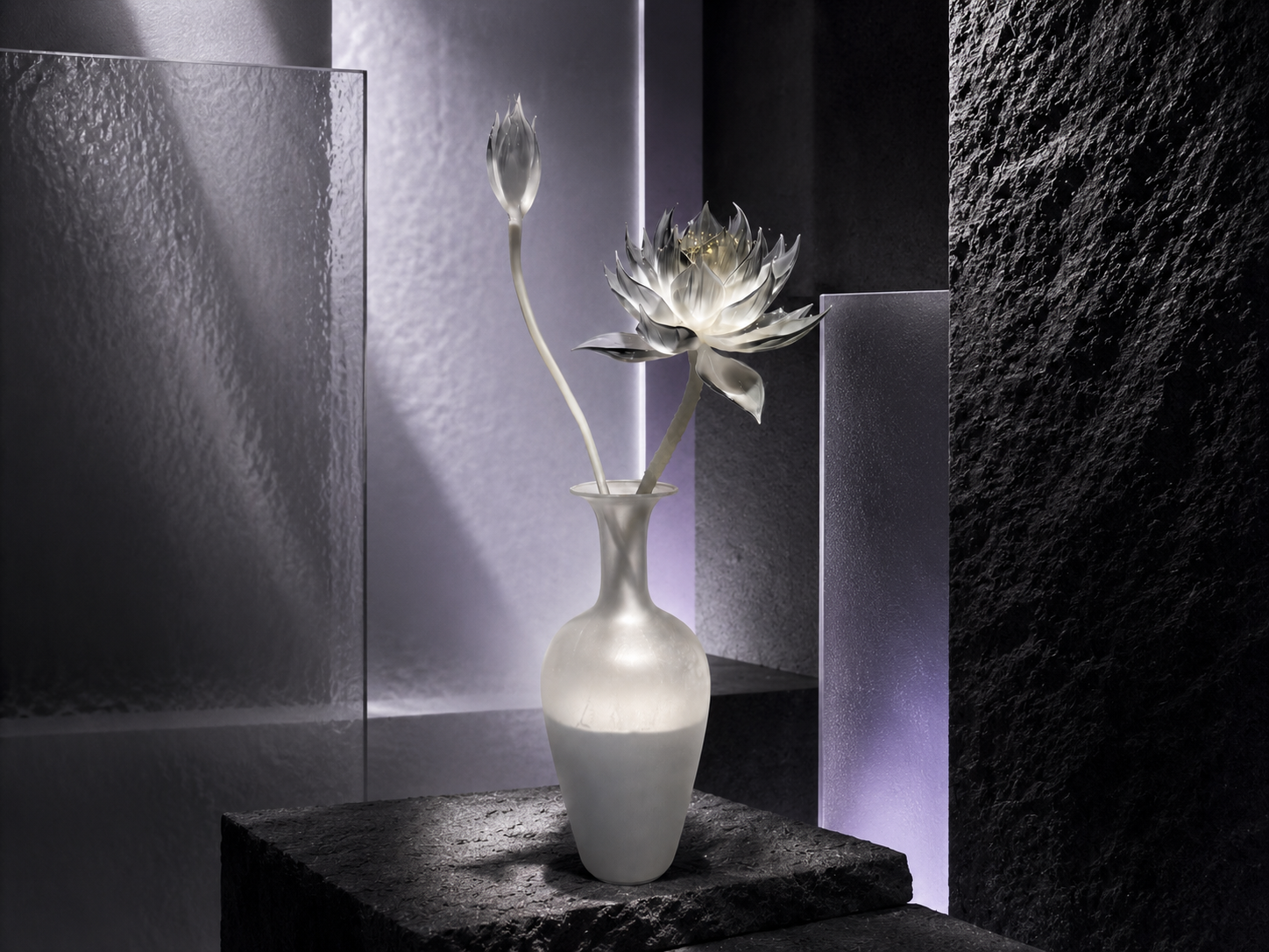 Close view of a handmade lampworked borosilicate glass lotus showing translucent petals, curved edges, and natural variation