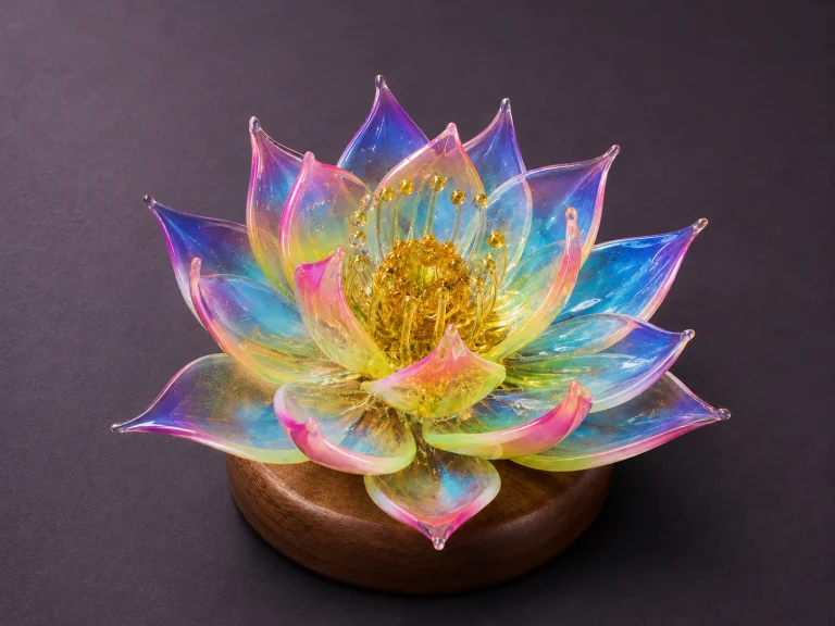 Center commercial catalog photograph of the Nine Purple handcrafted Aurora Prism Liuli colored glaze lotus flower lamp with iridescent rainbow gradient petals resting on a smooth dark walnut wood base against a dark textured backdrop.