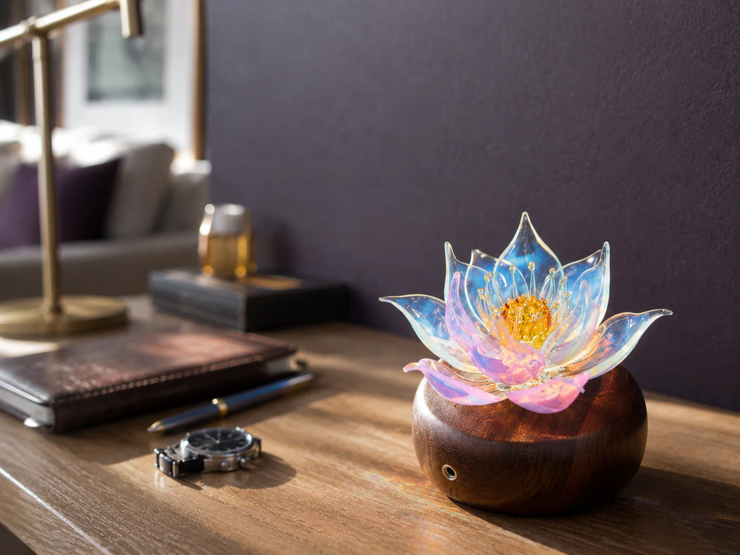 Glass lotus light placed on a quiet study desk in natural daylight