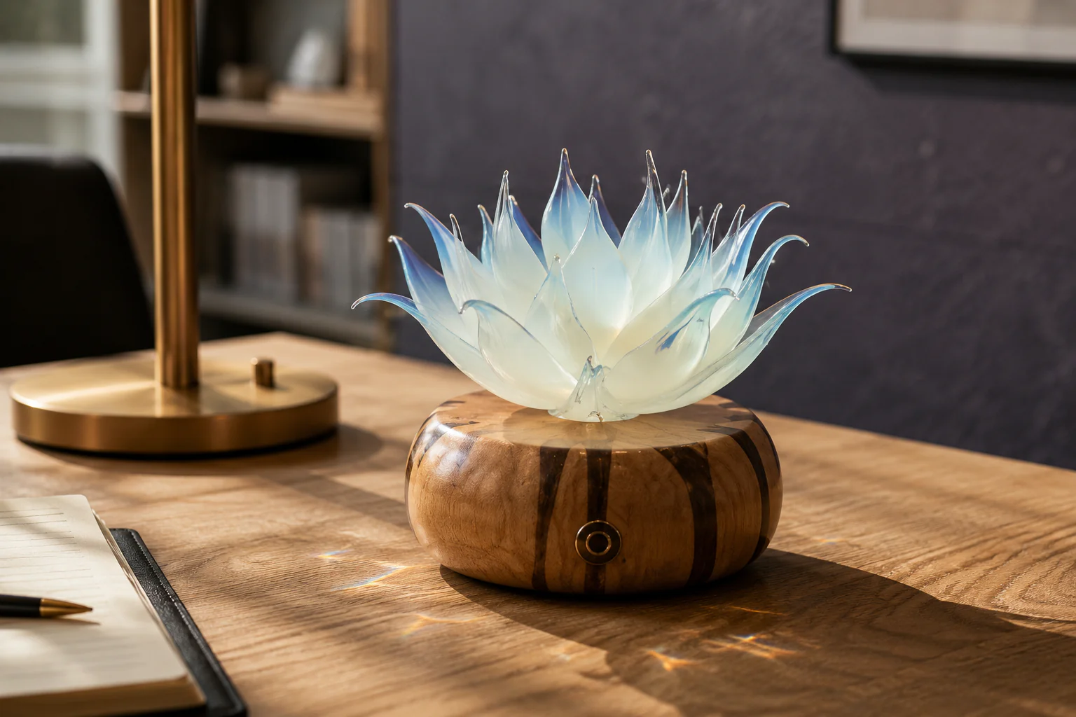 Lifestyle interior photograph of the unlit Nine Purple 'Moonlight Ice Blue' Liuli lotus lamp on a rugged dark stone slab next to a separate dark wooden incense tray with smoke rising in a minimalist home study setting.