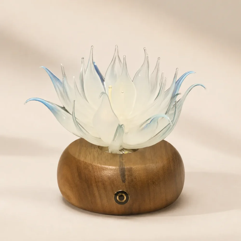 Lunar Lotus Frosted Glass Lotus Light Lunar Lotus white Liuli glass lotus lamp on walnut wood base
