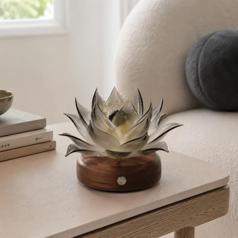 Noir Lotus Daytime Interior Glass Lotus Light Noir Lotus smoky glass lotus light on a warm walnut wood base in a quiet daytime interior