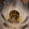 Noir Lotus Dark Amber Glass Center Detail Noir Lotus dark amber glass center with delicate glass stamen and smoky translucent petals