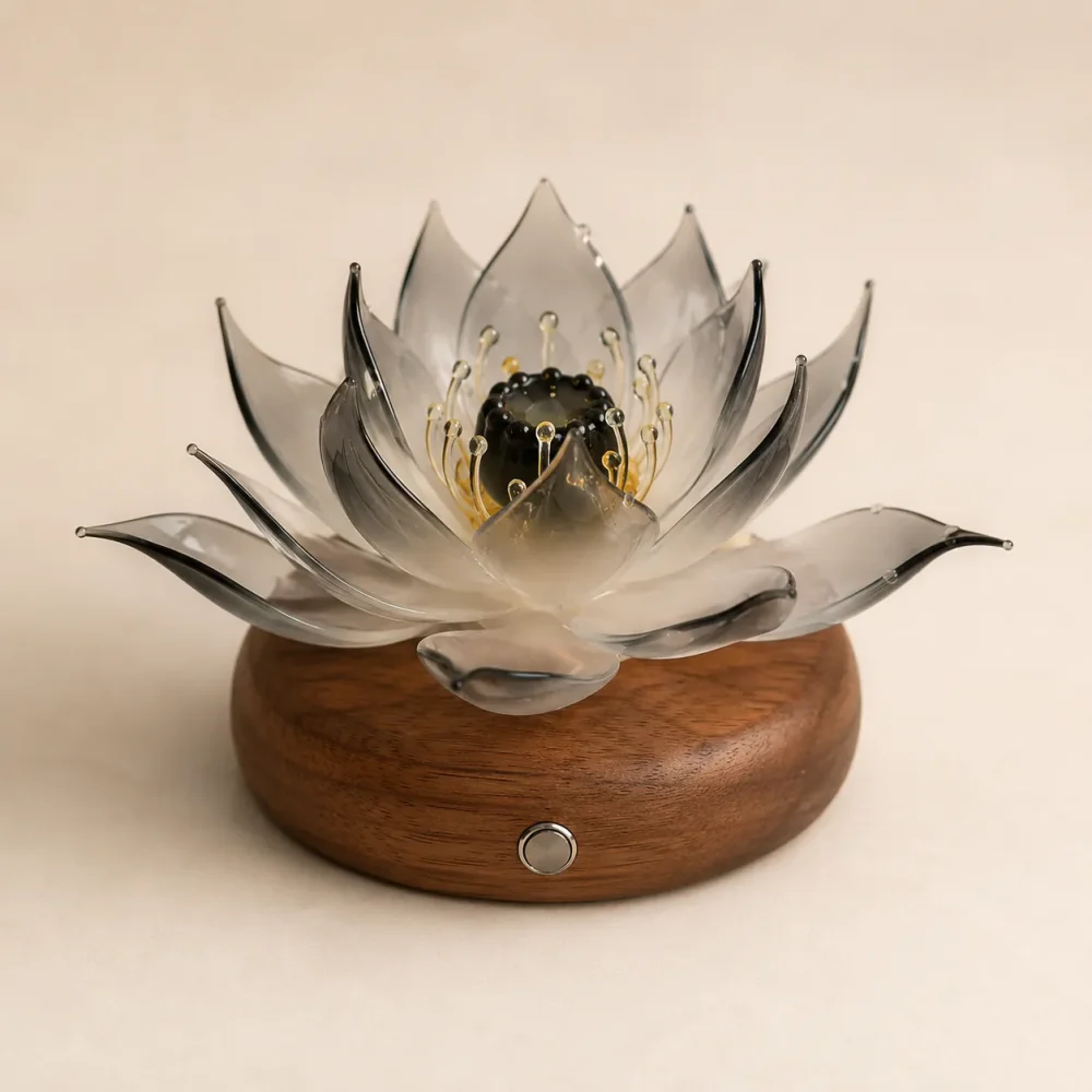 Noir Lotus Smoky Glass Lotus Light Noir Lotus smoky glass lotus light with dark translucent petals on a warm walnut wood base