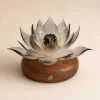 Noir Lotus Smoky Glass Lotus Light Noir Lotus smoky glass lotus light with dark translucent petals on a warm walnut wood base