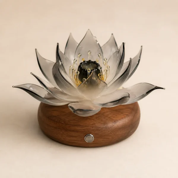 Noir Lotus Smoky Glass Lotus Light Noir Lotus smoky glass lotus light with dark translucent petals on a warm walnut wood base
