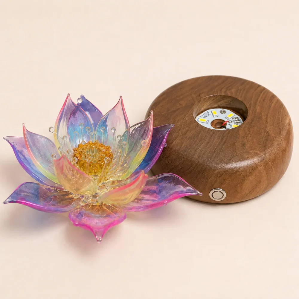Prism Lotus Detachable Glass Lotus Light Base Prism Lotus detachable color-gradient glass lotus light with rechargeable walnut wood base