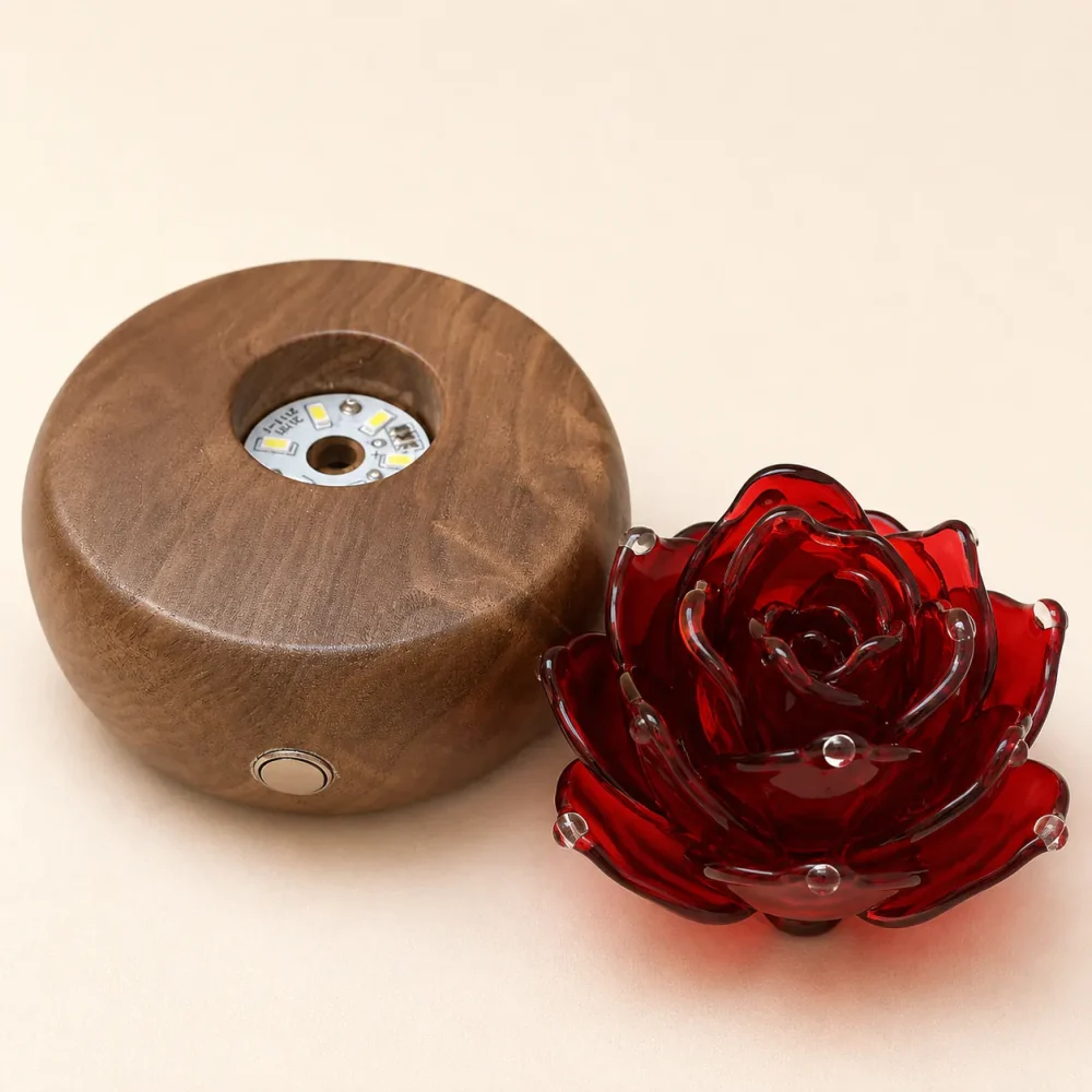 Vermilion Rose detachable red glass rose light with rechargeable warm wood display base
