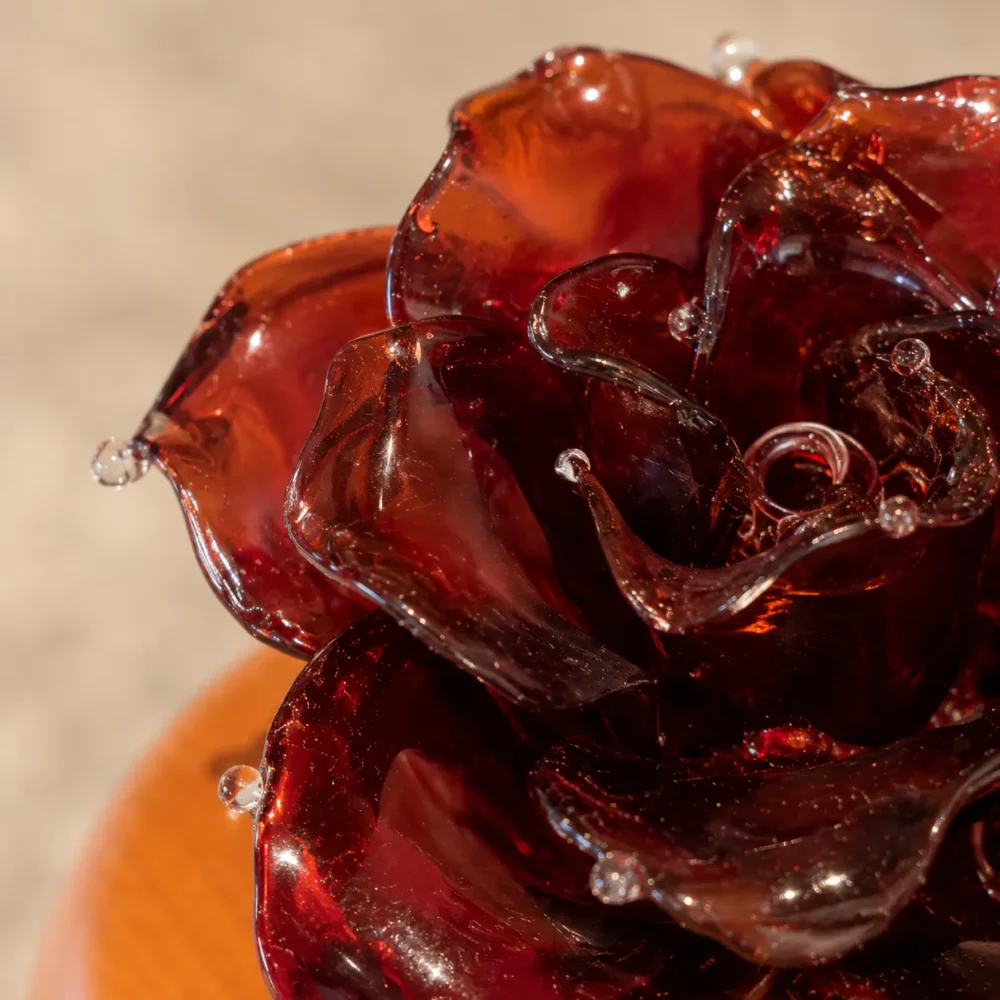 Vermilion Rose red glass rose light with layered vermilion and burgundy translucent petals