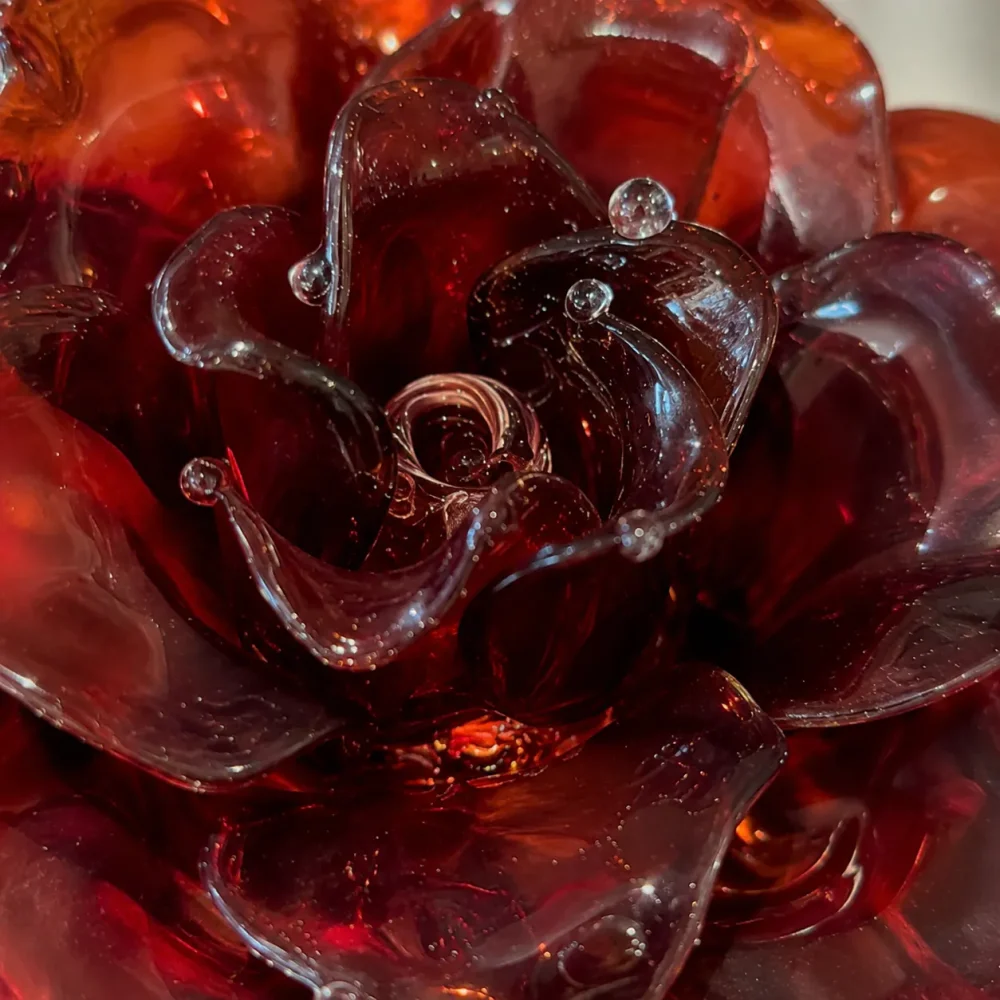 Vermilion Rose red glass rose light with deep ruby inner center and layered burgundy petals