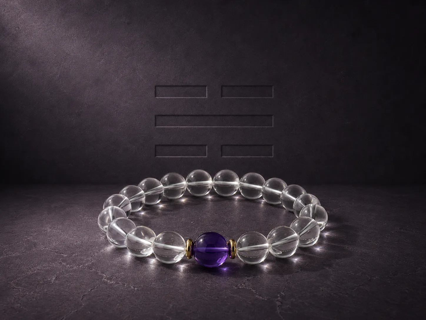 Macro close-up capturing five elements bracelet beads showing white quartz and deep purple amethyst stone textures under elegant chiaroscuro lighting
