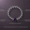 Water Flow bracelet sizing blueprint with clear quartz beads, purple amethyst center bead, gold-plated spacers, and wrist fit range
