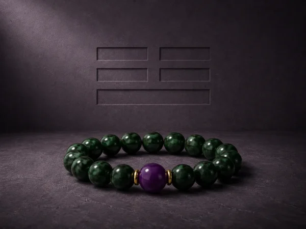 Wood Renewal bracelet with Ganqing jade beads, purple amethyst center bead, and gold-plated spacers on dark textured background