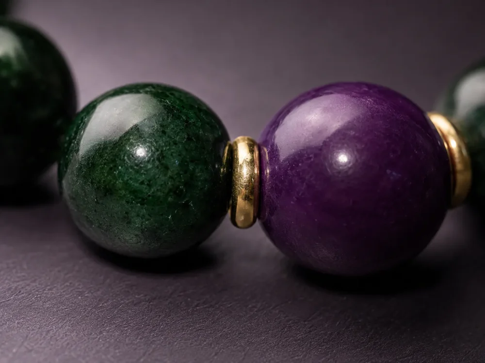 Wood Renewal Ganqing Jade Amethyst Bracelet Macro Detail Wood Renewal bracelet macro detail with Ganqing jade beads, purple amethyst center bead, and gold-plated spacers