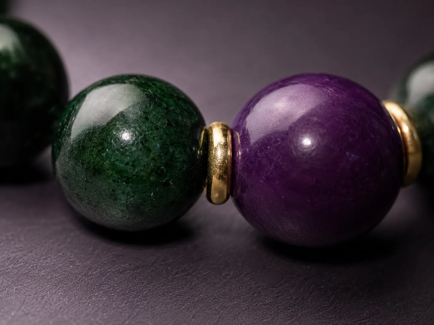 Element Wood Renewal green Ganqing jade bracelet with Ganqing jade, purple amethyst center bead, and 18K gold-plated spacers