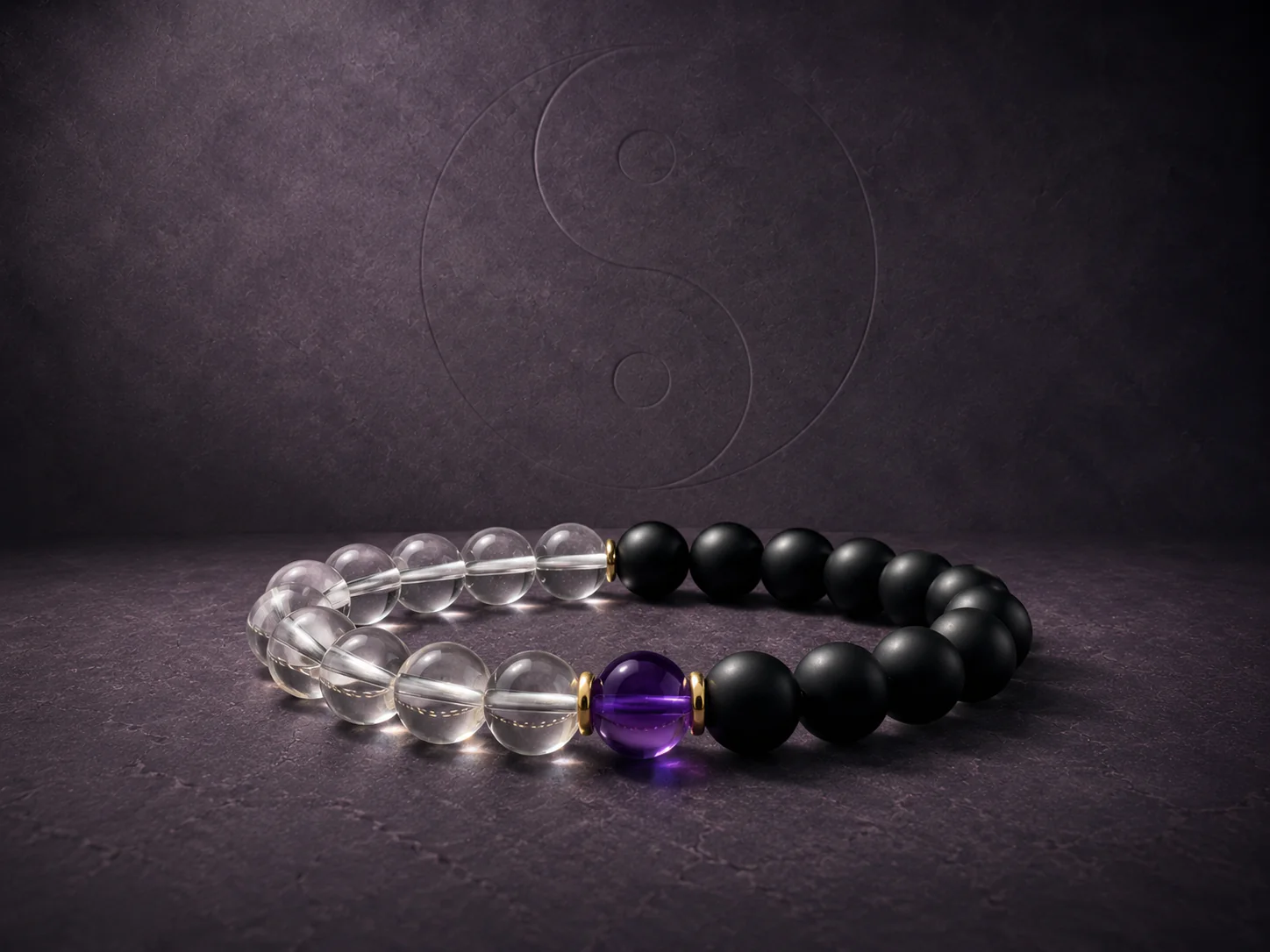 Premium feng shui bracelet highlighting high-density black obsidian and white quartz beads staged in a minimal Zen-Noir atmosphere with strong chiaroscuro light shadows
