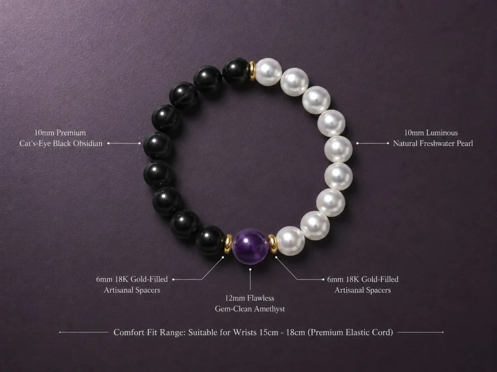 Infographic diagram explaining the metaphysical energy and materials of the 9Purple Yin-Yang protection bracelet.