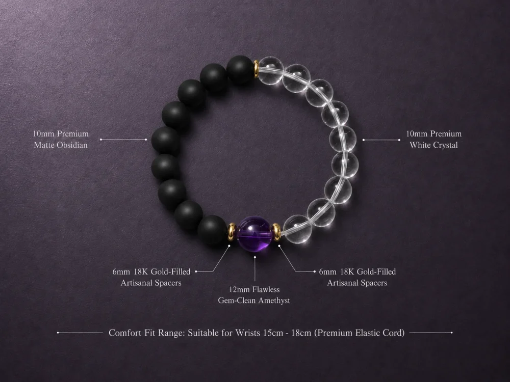 Technical sizing blueprint schema of 9Purple Yin-Yang bracelet detailing 18cm length and material callouts: Matte Obsidian, Amethyst, 18k Gold Plated, and White Crystal.