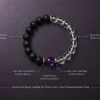 Technical sizing blueprint schema of 9Purple Yin-Yang bracelet detailing 18cm length and material callouts: Matte Obsidian, Amethyst, 18k Gold Plated, and White Crystal.