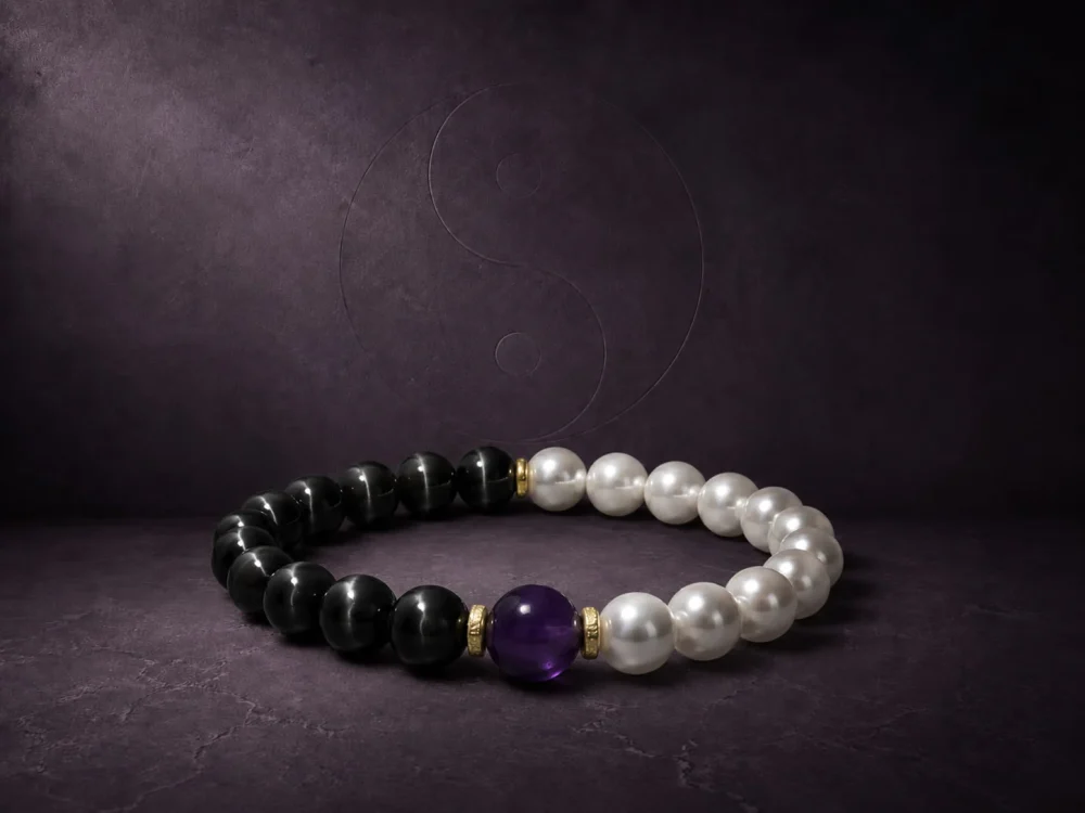 9Purple luxury Yin-Yang bracelet featuring black cat's eye obsidian, lustrous natural pearl, and 18k gold-filled spacer beads.