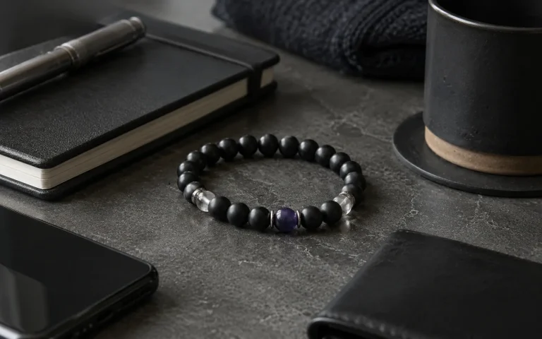 Black obsidian bracelet styled with elegant dark desk accessories in a modern interior setting.