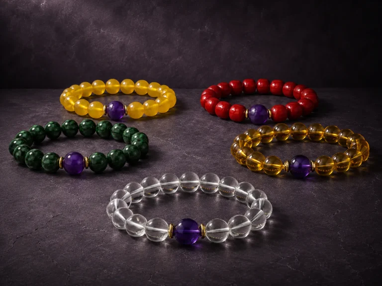 Five elements bracelet collection with natural stone beads representing Wood Fire Earth Metal and Water