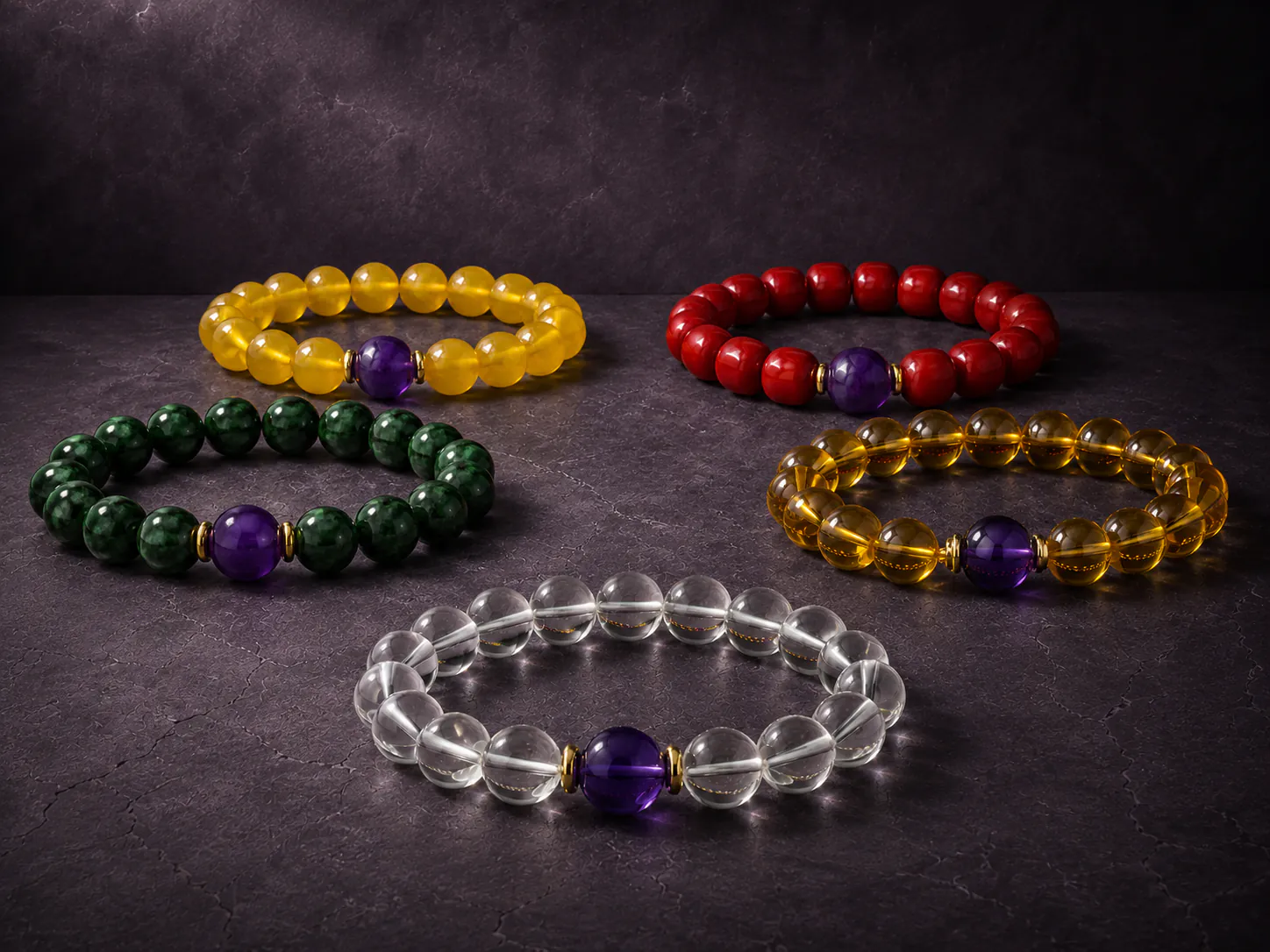 Five elements harmony collection showing premium natural stones organized by wood fire earth metal and water color strategies