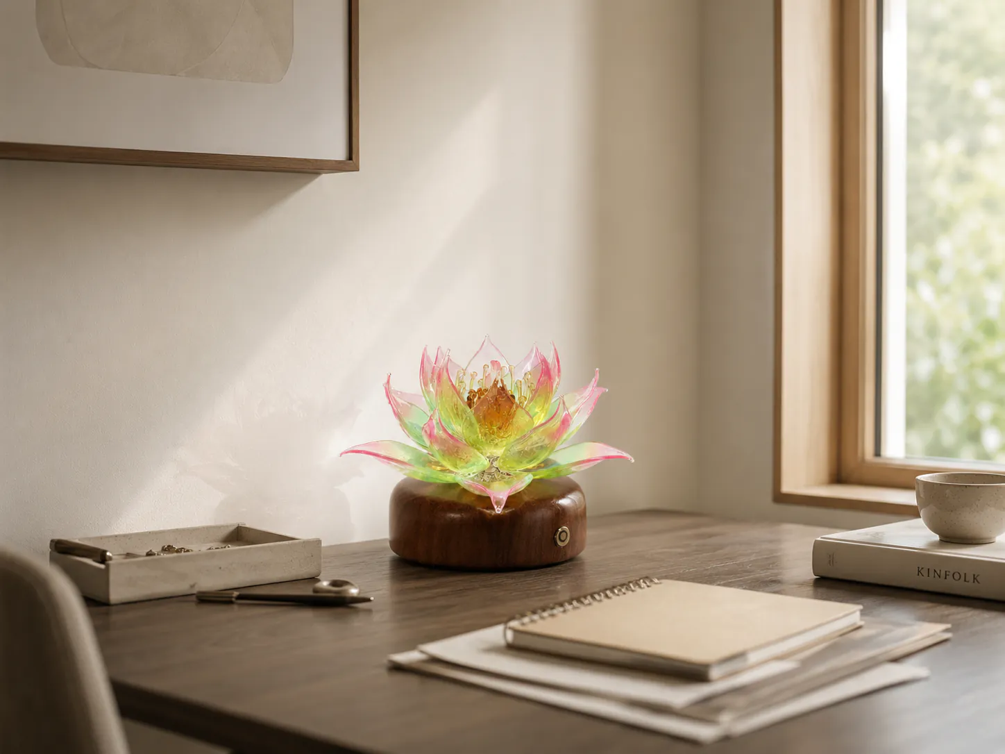 Glass lotus decor placed on a quiet study surface with soft natural light and open space around the petals