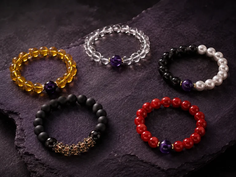 Feng shui bracelet selection with natural stone colors and symbolic meanings