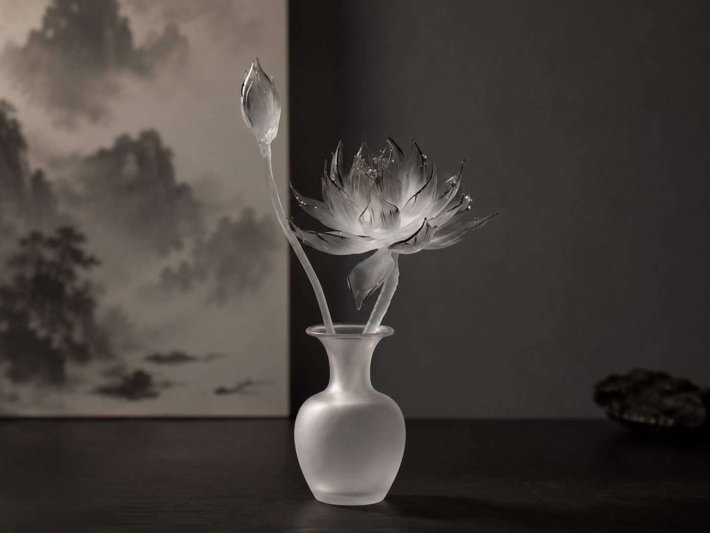 Architectural composition showing reduced visual noise and intentional space with a premium 9Purple artisan kiln-cast glass lotus sculpture