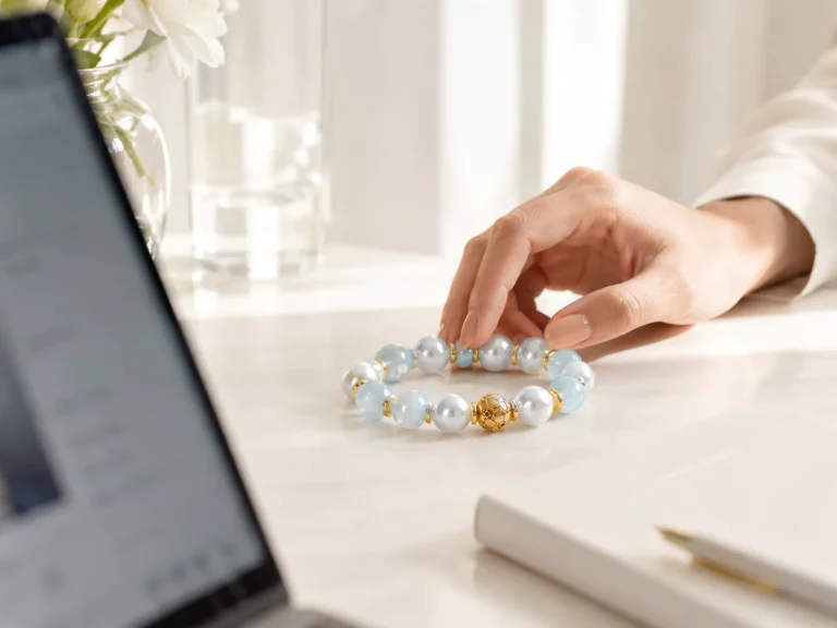 A bright minimalist modern workspace with an elegant hand resting next to a sky blue and white pearl luxury bracelet, illustrating tactile grounding.