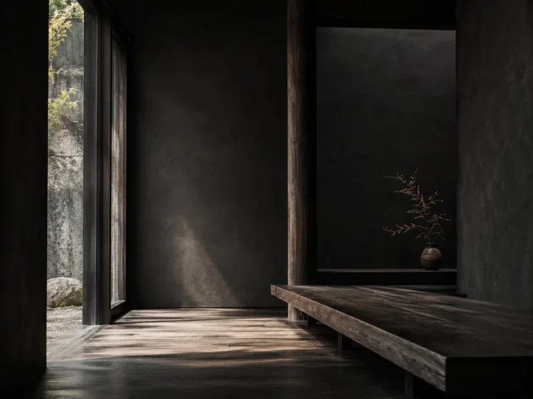 A cinematic wide shot of a dark modern zen sanctuary with matte micro-cement walls and rustic wooden flooring, defining the atmosphere of Intentional Space.
