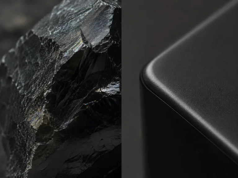 A macro split-screen comparison showing the texture of a raw black stone on the left representing Material Presence vs a sterile plastic object on the right illustrating Emotional Flatness.