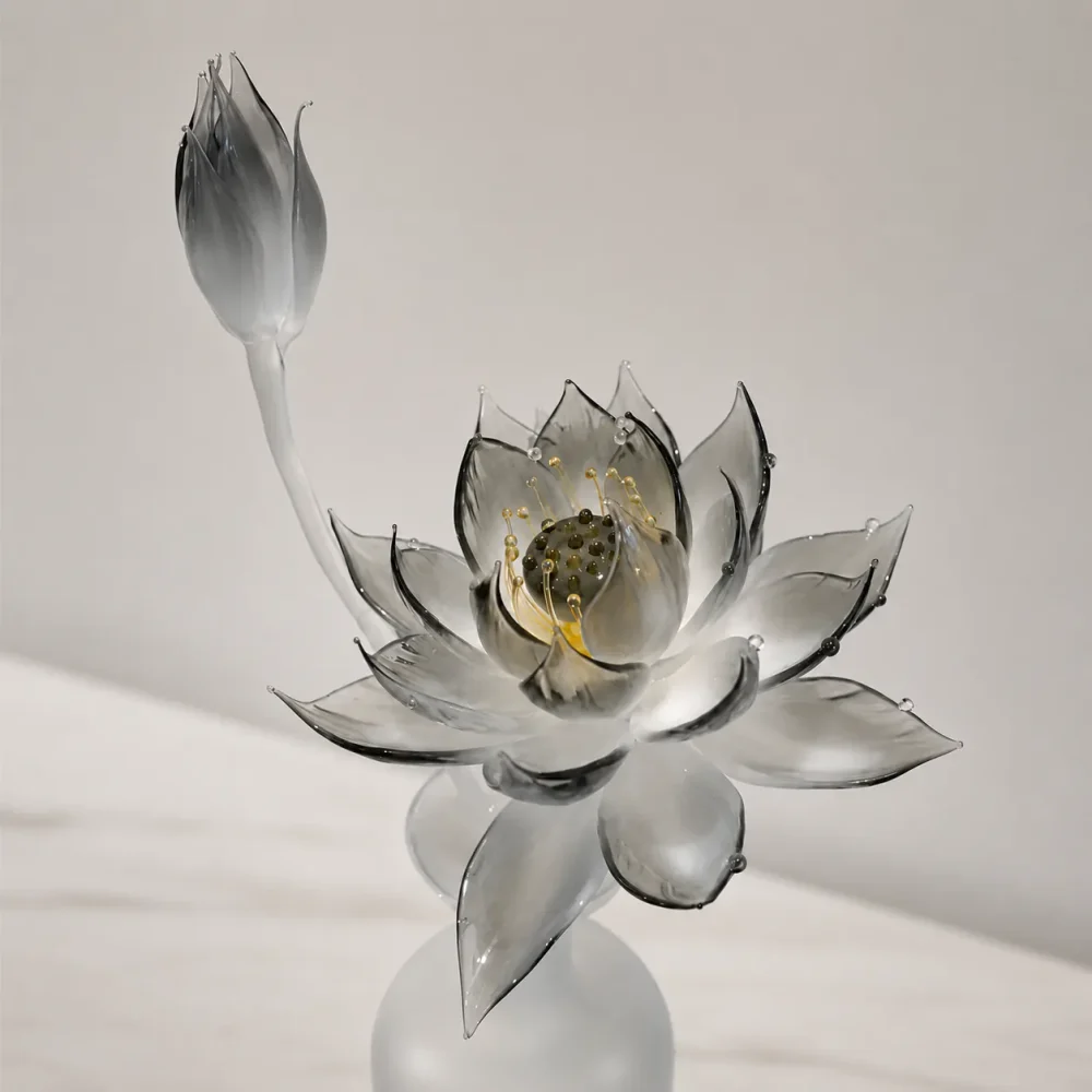 Lunar Lotus Glass Bloom Detail Close-up detail of Lunar Lotus smoky glass lotus bloom with dark petal edges and golden stamen details