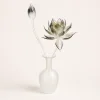 Lunar Lotus Studio Glass Vase Object Hero Image Lunar Lotus Studio Glass Vase Object with smoky glass lotus bloom, closed bud, curved stems, and frosted white vase