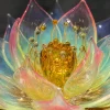 Macro detail of the amber glass center and delicate bead-tipped stamens of the Nine-Tailed Fox Lotus Light.