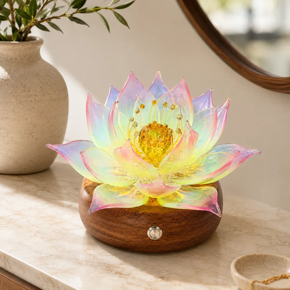 Nine-Tailed Fox Lotus Light styled on a stone console in a warm modern interior during the day.
