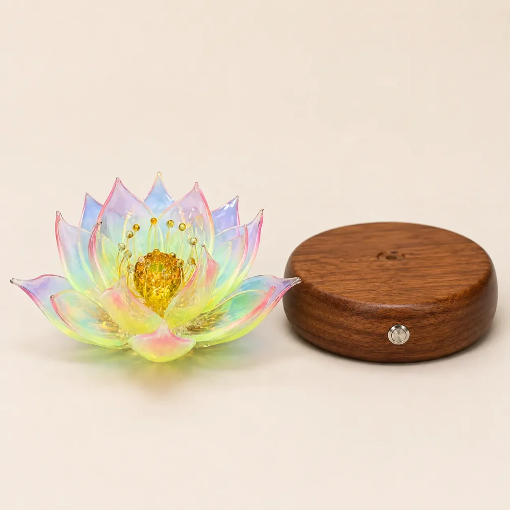 Nine-Tailed Fox glass lotus and detachable walnut wood light base displayed separately.