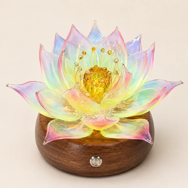 Nine-Tailed Fox Lotus Light with iridescent pink-edged glass petals, an amber center, and a round walnut wood base.