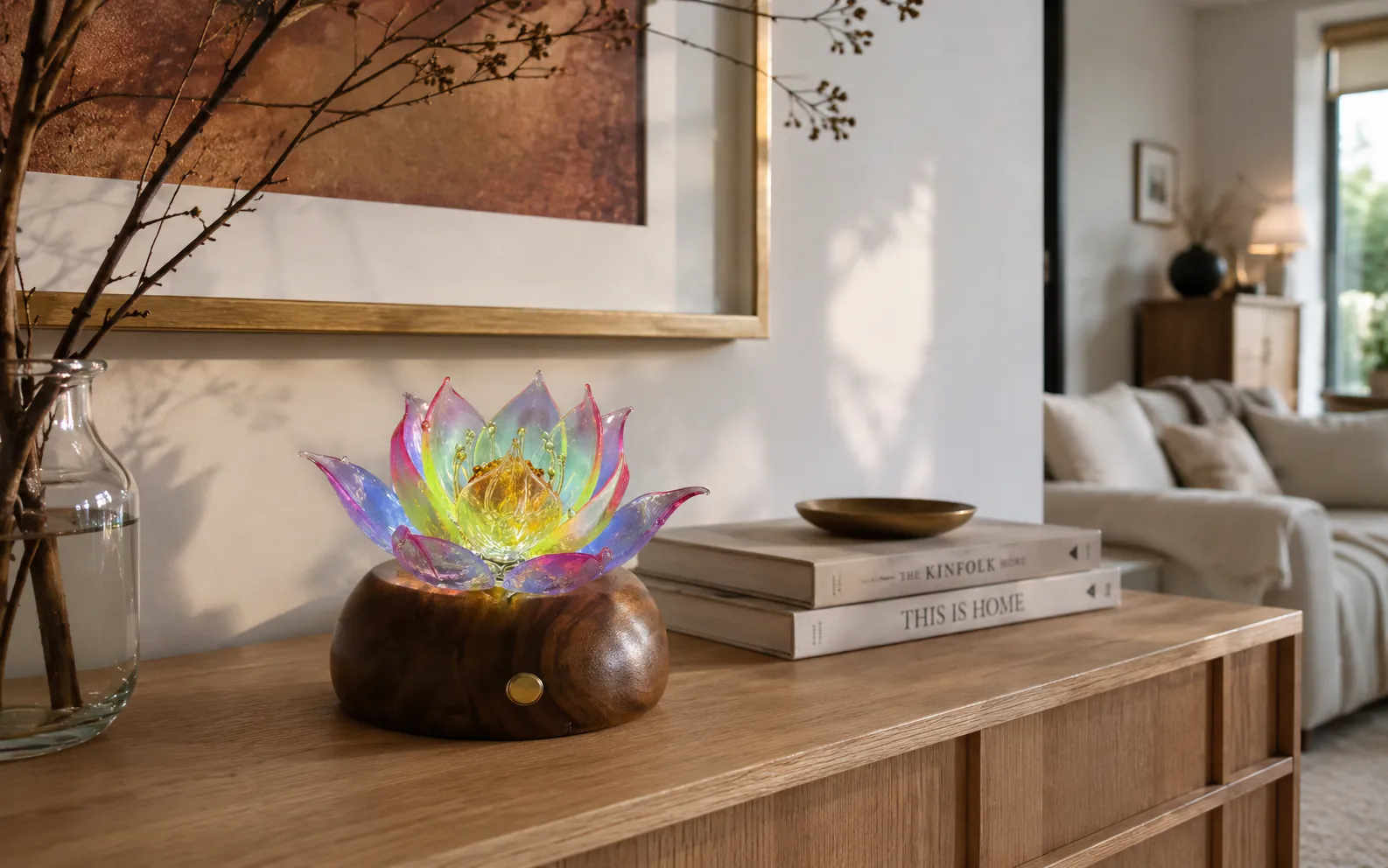 Prism Lotus glass light placed on a wooden living room console with books and natural branches
