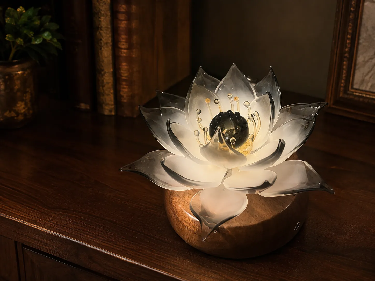 Noir Lotus glass lotus light displayed on a dark wood surface as an object-scale sculptural light.