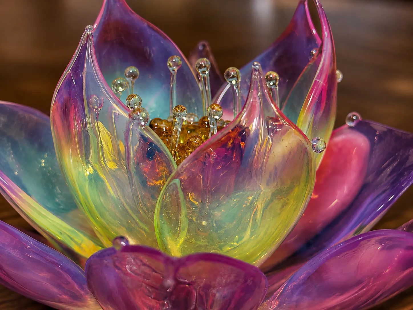 Close-up of layered multicolor glass petals and handmade details on the Prism Lotus.