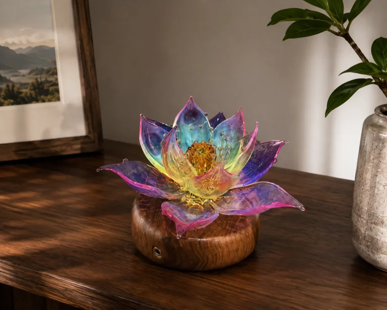 Prism Lotus glass sculptural light displayed on a dark wood console in a warm modern interior.
