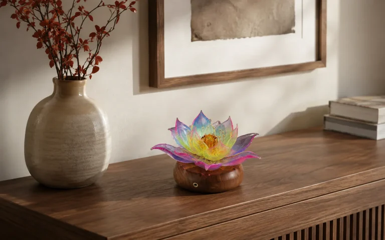 Prism Lotus glass lotus lamp styled on a wooden console in a warm minimalist interior.