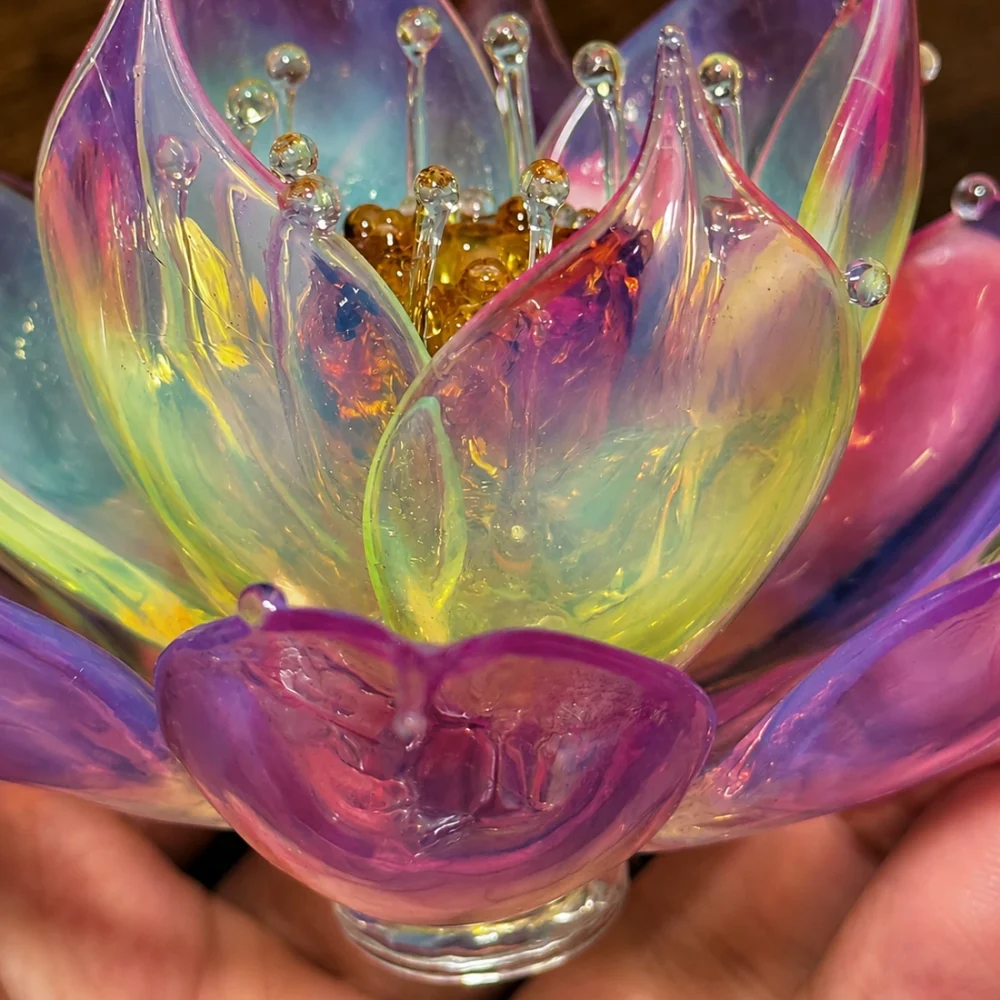 Prism Lotus — Handmade Glass Petal Macro Macro detail of Prism Lotus handmade borosilicate glass petals, stamen, and natural lampworked texture