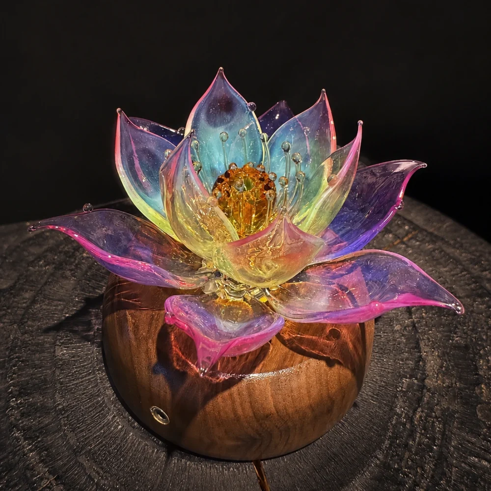 Prism Lotus — Real Evening Lampworked Glass Real Prism Lotus lampworked borosilicate glass light on its walnut base in an evening setting